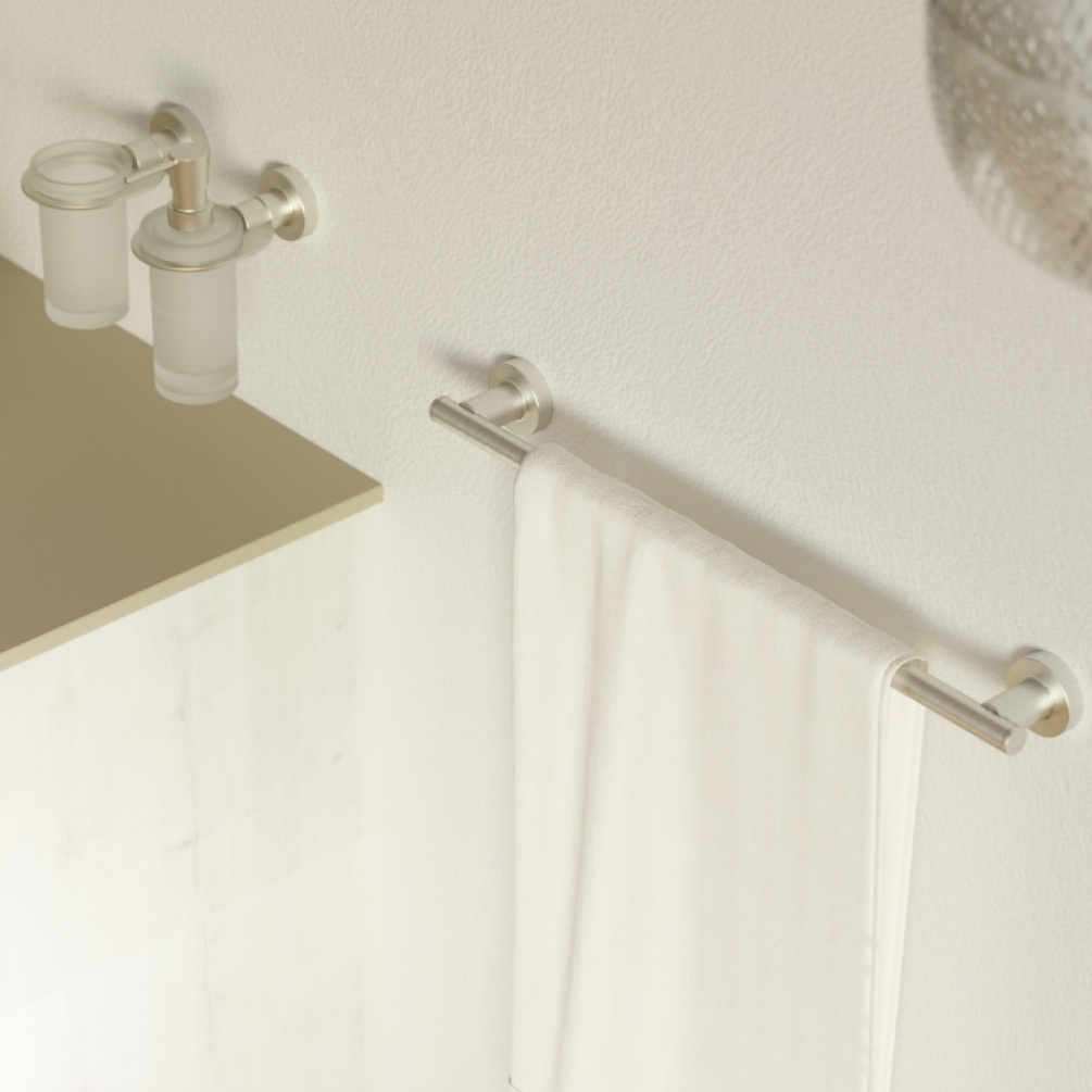 Product Lifestyle image of the Origins Living Tecno Project Brushed Nickel Towel Rail